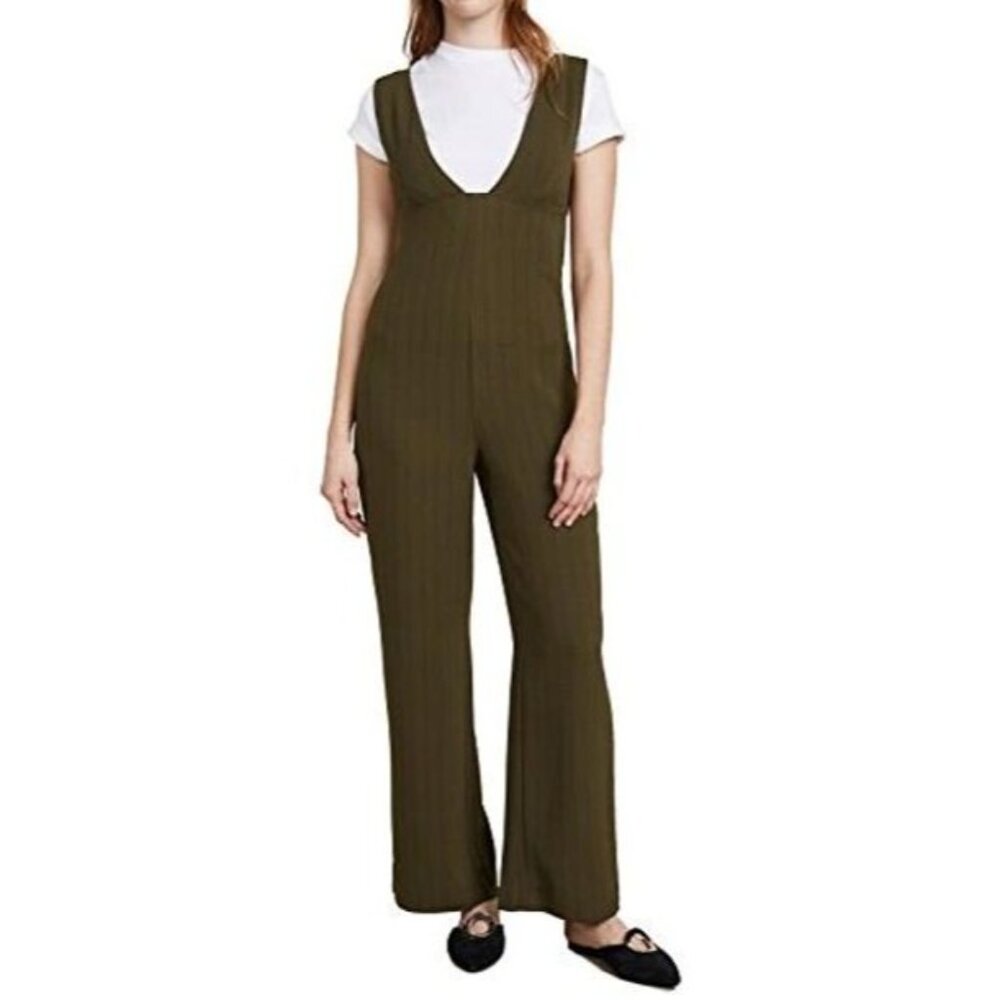 Ganni Womens Size 38 Green Wide Leg Sleeveless Jumpsuit V Neck Pinstripe
